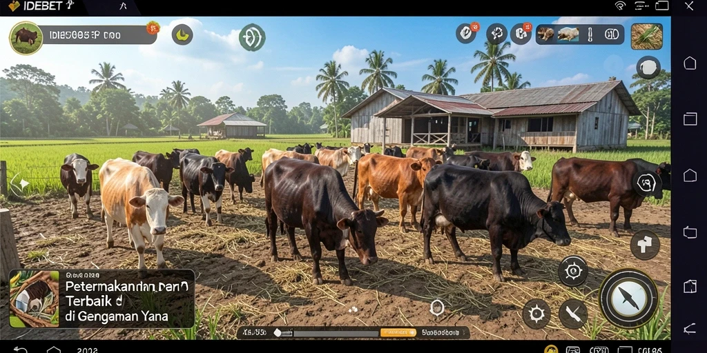 Screenshot gameplay IDEBET menunjukkan peternakan yang indah dan dinamis.