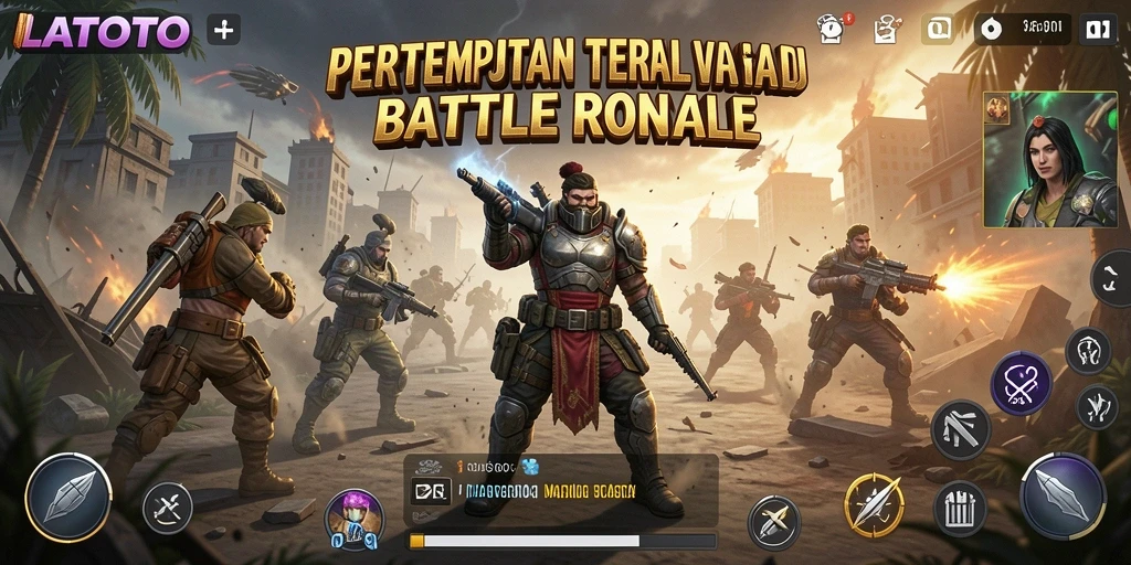 Tangkapan layar utama LATOTO menampilkan aksi seru pertempuran Battle Royale.