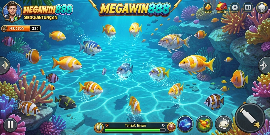 Screenshot MEGAWIN888 menunjukkan gameplay tembak ikan yang intens.