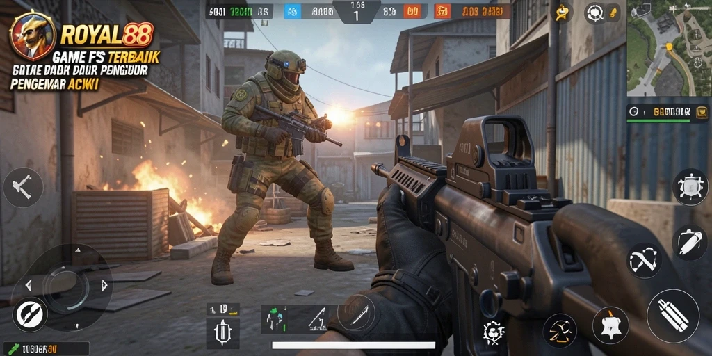 Tampilan gameplay intens dalam ROYAL88 dengan aksi tembak menembak yang seru.