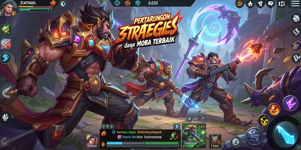 Screenshot gameplay ZIATOGEL menampilkan pertempuran MOBA yang seru.