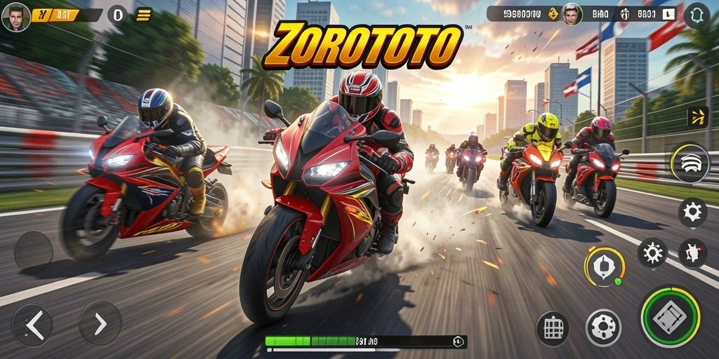 Gameplay ZOROTOTO dengan balapan motor yang seru dan menegangkan.